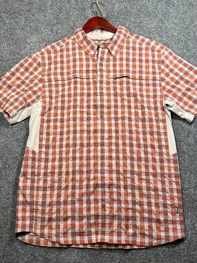 REI Coop Shirt Mens Small Button Up Orange Plaid Short Sleeve Breathable Pockets